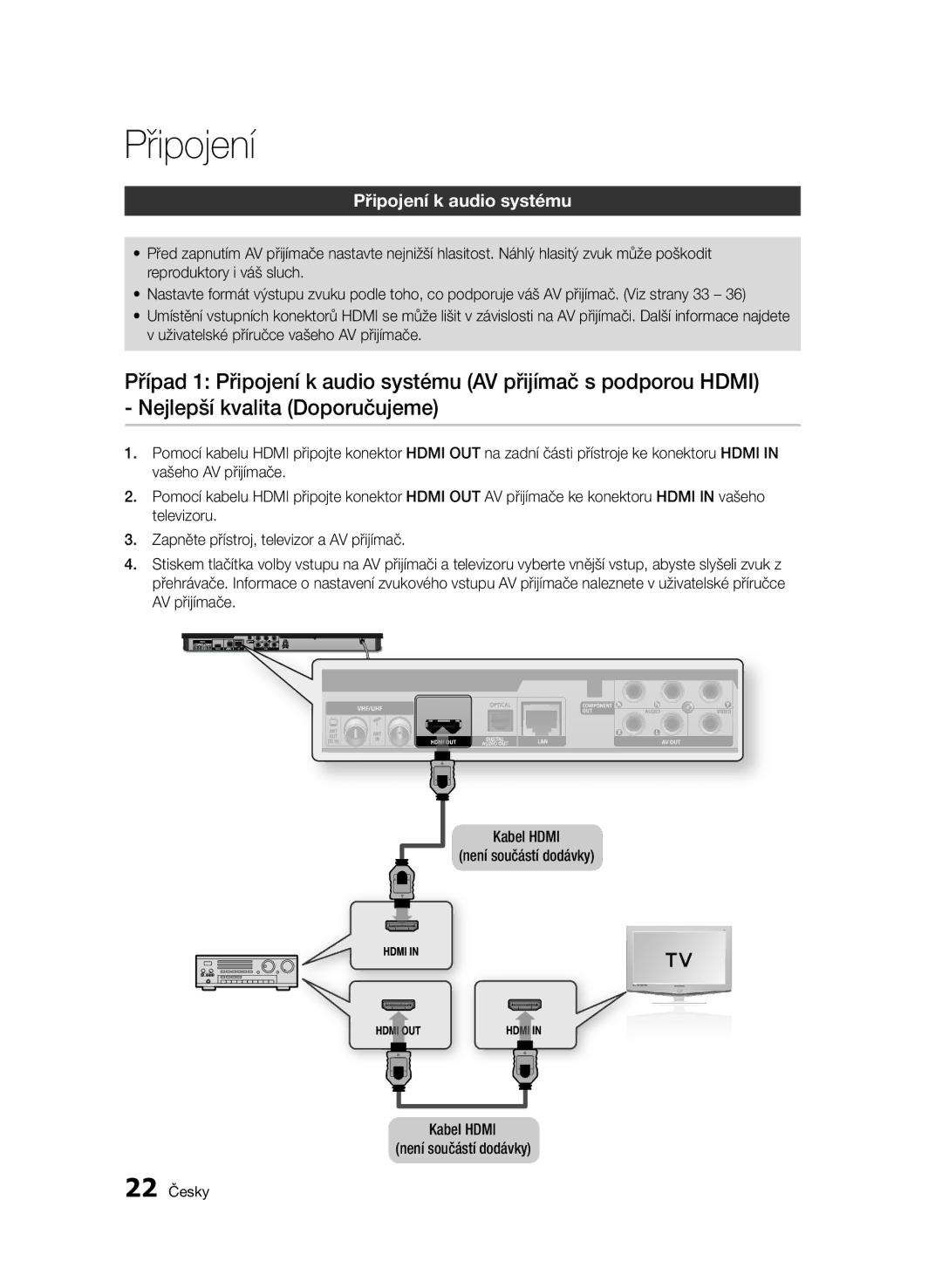 Samsung BD-E6300/EN manual Připojení k audio systému, 22 Česky 